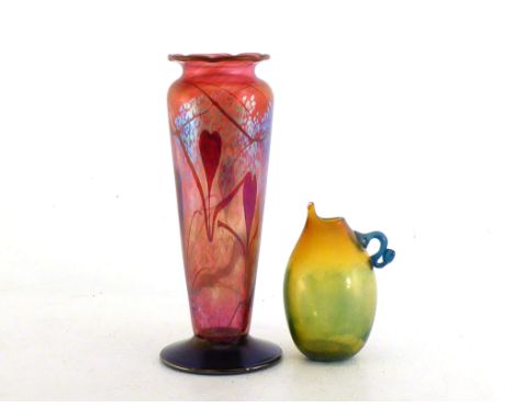 A tall tapering baluster studio glass vase with everted rim in the Art Nouveau manner in iridescent blue and red, the base si