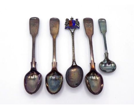 A set of three Victorian silver Fiddle pattern egg spoons by George Adams, London, 1863, initialled "H"; a silver souvenir sp