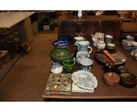 A quantity of Studio Pottery and other items to include table lamp, bowl, stands, jugs, vases etc.