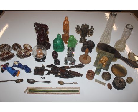 A box containing Quimper figures; various Oriental style figures; spill vases; sea shells; white metal spoons etc.