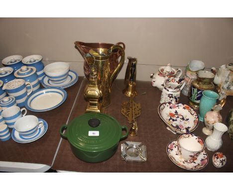 A Le Creuset casserole dish and cover; silver plated ash trays; a collection of brassware including hand bell; table lamp; tr