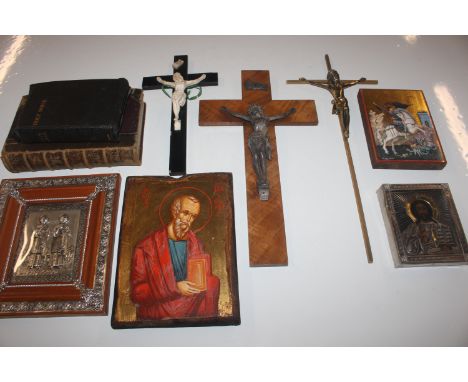 A box of vintage Ecclesiastical items including Crucifix