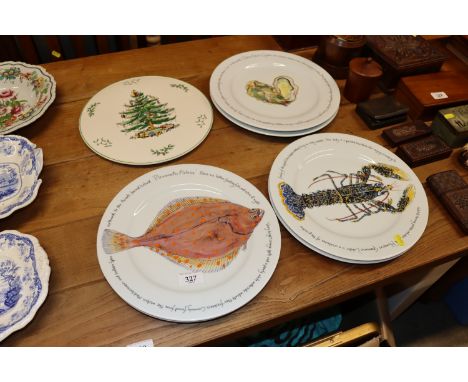 Six Limoges plates illustrated seafood, by Richard Bramble and a Spode cake plate 