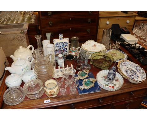 A quantity of various glassware and china to include floral decorated dishes, teaware, mottle glass fish AF, a pair of dressi