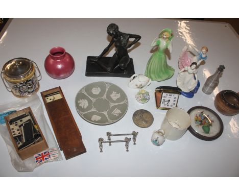 A box containing Poole pottery vase; Art Deco style figurines; Wedgwood jasperware plate; dominoes; medallion etc.  