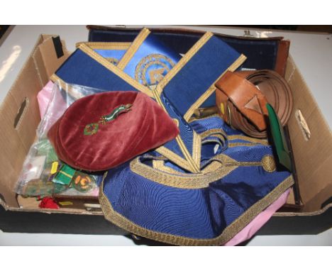 A box of Masonic Regalia to include silver gilt and enamel decorated Ancient Order of Foresters medal; various other medals a