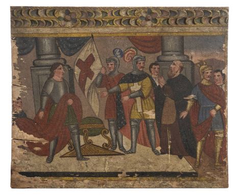 *Arts & Crafts. Interesting oak panel probably cut from a larger frieze,  painted with crusaders and a priest, the top edge c