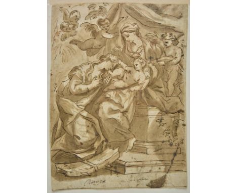 *Cignani (Carlo, 1628-1719). The Mystic Marriage of Saint Catherine,  pen & dark brown ink and wash on laid paper, with trace
