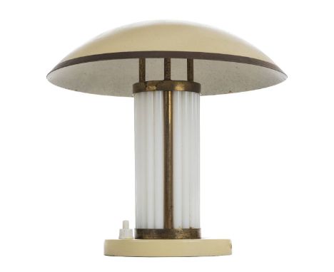 *Art Deco. Mushroom desk lamp,  the circular ivory painted metal shade above 18 vertical fluorescent tubes on circular base, 