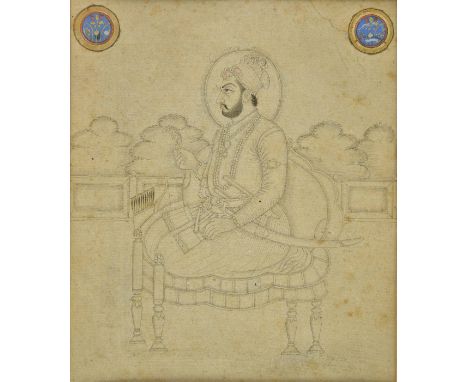 *Indian Miniature. Portrait of the Mughal Emperor Muhammad Shah (1702-1748), early 19th century, pen & ink on laid paper, the