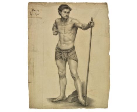 *De Morgan (Evelyn, 1855-1919). Male nude with staff, 1875, charcoal on paper, full-length standing male nude wearing a loin 