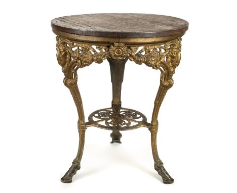 *Tavern Table. Victorian cast iron pub table,  the replacement circular top above a gilt painted base cast with rams heads am