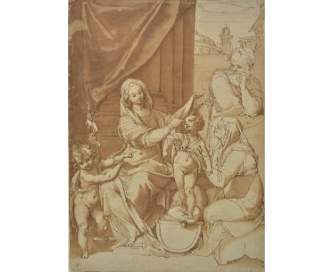 *Attributed to Taddeo Zuccaro (1529-1566). Holy Family with Saint John the Baptist, Saint Elizabeth and Saint Joseph,   pen &