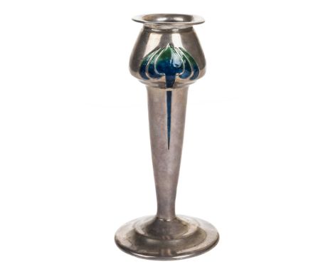 *Art Nouveau. Silver and enamel tulip vase by William Hutton & Sons Ltd, London circa 1900,  with green and blue foliate enam