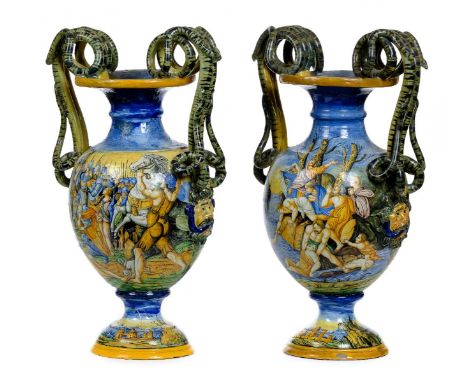 *Italian Maiolica Vases.  An impressive pair of large-scale Italian majolica snake handled vases, later 19th century,  with h