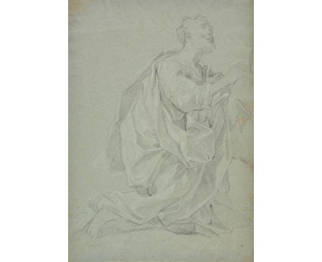 *Italian School. Study of a Kneeling Saint, early 18th century,  black and white chalk on pale blue laid paper, light creases
