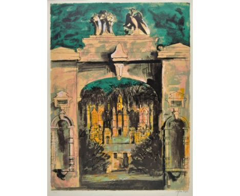 *AR Piper (John, 1903-1992).  Harlaxton through the Gate (from Victorian Dream Palaces), 1977,  colour screenprint on Arches 