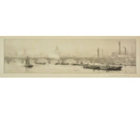 *Langmaid (Rowland, 1897-1956). Shipping on The Thames, by Waterloo Bridge, with Lambeth Shot Tower and Works,  etching on ha