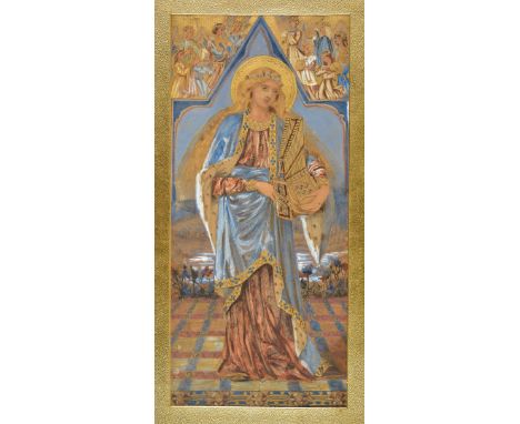 *English School. Saint Cecilia, late 19th-early 20th century,  watercolour on paper, heightened with bodycolour and gilt, ful