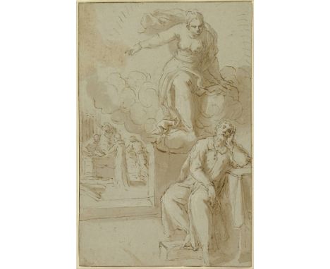 *Palma il Giovane (Jacopo, 1548-1628). The Virgin appearing to St. Nicholas of Bari,  pen, ink and light brown wash on pale g