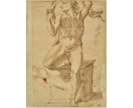 *Follower of Michelangelo. Male nude springing forward from a stone plinth, head turned to the left, with arms holding a drap