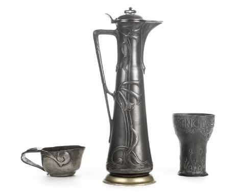 *Secessionist. Claret jug,  of tall tapered form with stylised organic whiplashes, hinged cover and nickel base, indistinct m