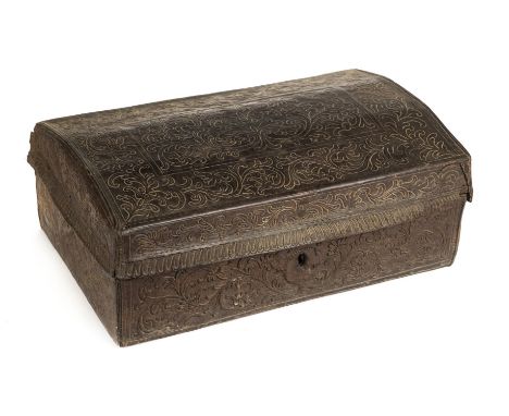 *Chest. 19th century Continental leather covered chest, probably Spanish,  with tooled foliate leather covered decoration the