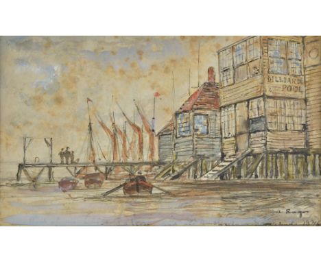 *Ragon (Adolphe, 1847-1924). Old Falcon, Gravesend in 1876,  pen, black ink and watercolour on card, heightened with white bo