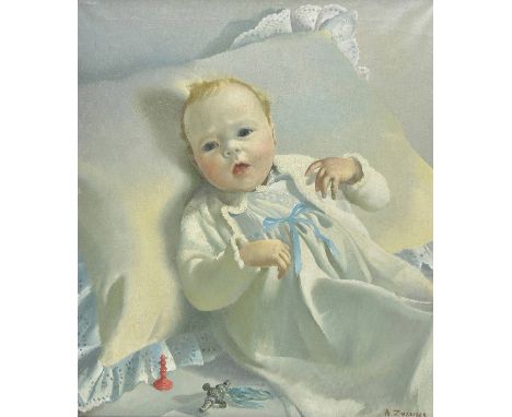 *Zinkeisen (Anna Katrina, 1901-1976). Portrait of the artist's daughter, oil on canvas, of Julia Zinkeisen as a baby, dressed