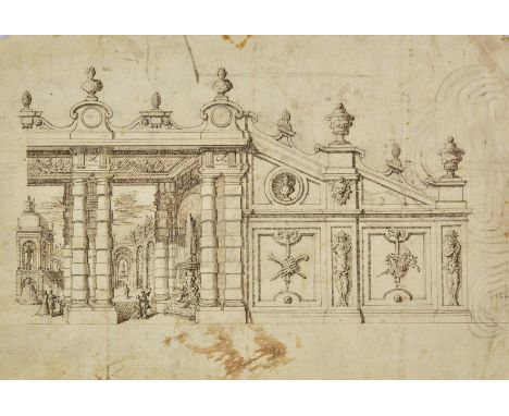 *Attributed to Ferdinando Galli Bibiena (1656-1743). Facade and Portico of a Palazzo with figures and receding columns, pen a