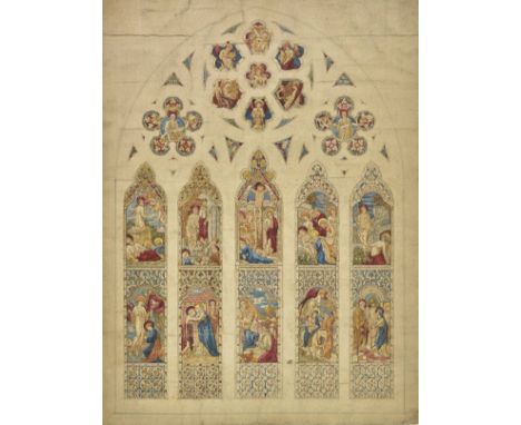 *De Morgan (William, 1839-1917). Stained glass window designs, together four pen, ink, & watercolour designs on card, all dus