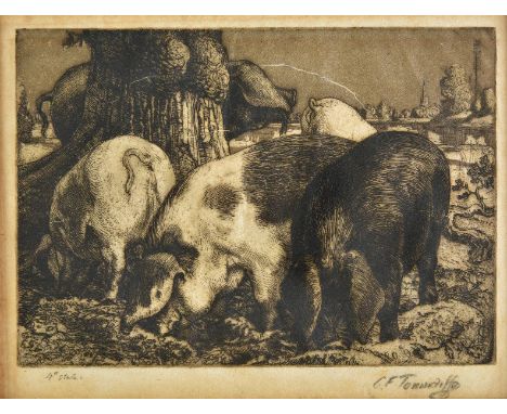 *Tunnicliffe (Charles Frederick, 1901-1979). Pigs Foraging,  etching with aquatint on japon paper, signed in pencil and inscr