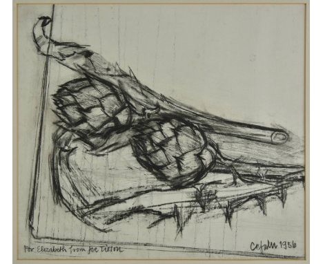 *AR Tilson (Joe, 1928-).  Artichokes on a table,  charcoal on paper, dated 'Cefalu 1956' and inscribed 'For Elizabeth from Jo