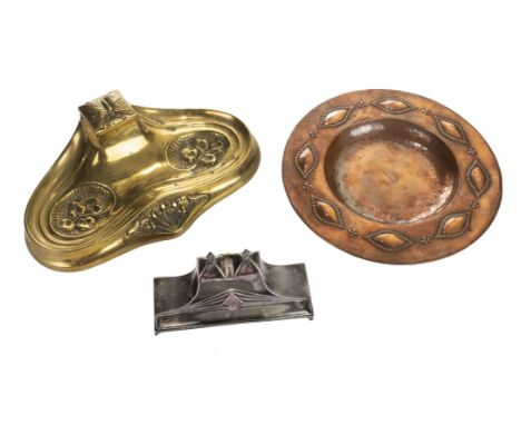 *Art Nouveau. Large French brass desk stand,  cast with a butterfly and foliage, with glass inkwell and stamped 'H.D.10 Depos