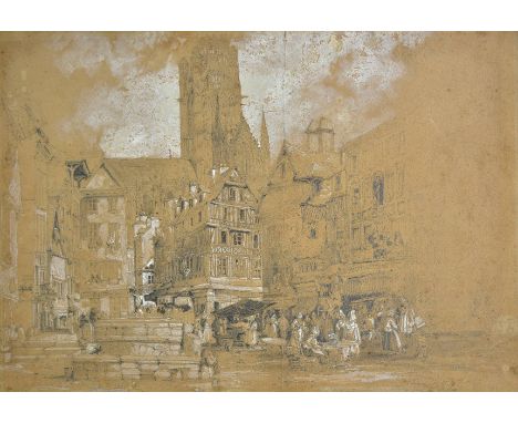 *Roberts (David, 1796-1864). Town square with ancient buildings, Rouen, 1836,  pencil and white bodycolour on light brown pap
