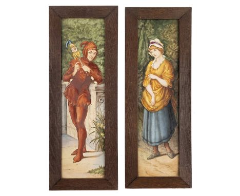 *Arts & Crafts.  Pair of pottery single panel tiles,  in the style of Henry Stacey Marks, one painted with a jester the other