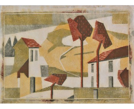 *AR Lawrence (Edith Mary, 1890-1973).  Houses under the Hill, circa 1925-30,  linocut printed in colours on off-white japon t