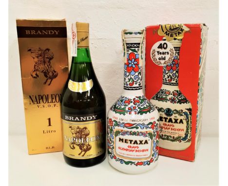 TWO BOTTLES OF SPIRITS comprising one colourful ceramic bottle of Metaxa to celebrate 100th anniversary, 0.7l and 40%; and on