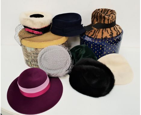 EIGHT VINTAGE LADIES HATSincluding a faux tiger stripe by Mitzi Lorenz, black mink beret by Boutique, a green and a white ber