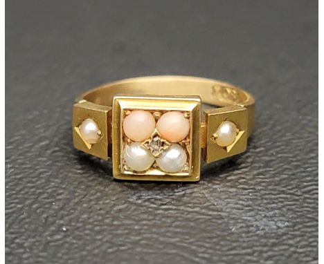 CORAL AND SEED PEARL DRESS RINGin eighteen carat gold, ring size J-K and approximately 3.1 grams 