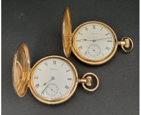 TWO GOLD PLATED FULL HUNTER POCKET WATCHESone by Waltham and the other by Elgin, both with white enamel dials, Roman numerals