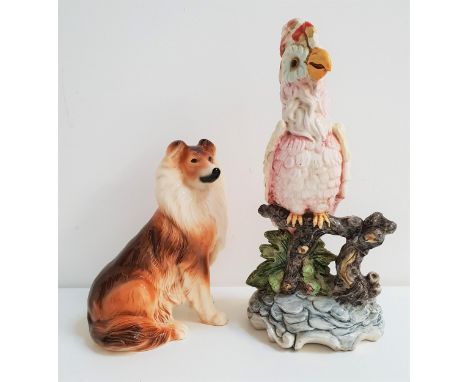 POTTERY COCKATOOperched on a branch, brightly decorated, 32cm high, together with a Kingston pottery Melba Collie, 21cm high 