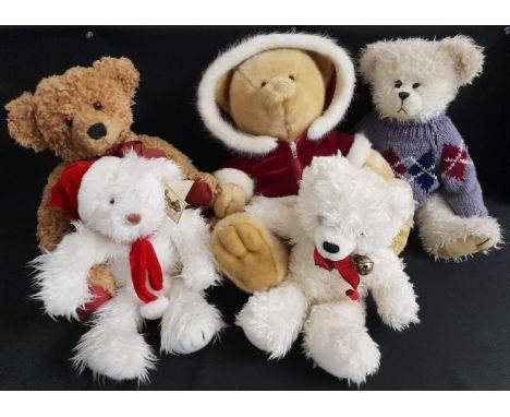 SELECTION OF FIVE TEDDY BEARScomprising a Chad Valley Winter Woolies 2002 with a burgundy jacket, 40cm high, Russ Berrie Alto