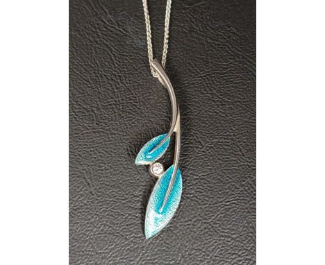 SHEILA FLEET ROWAN COLLECTION TWO-LEAF PENDANTin Sage enamel and with central CZ, in silver and on silver chain 