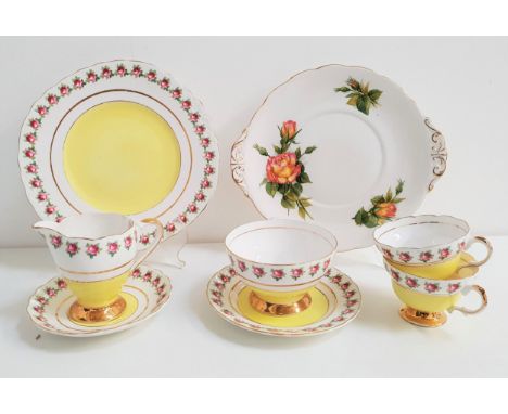 IMPERIAL TEA SERVICEdecorated with a part yellow ground and rose border with gilt highlights, comprising four cups, six sauce