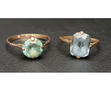 TWO BLUE TOPAZ SINGLE STONE RINGSin nine carat gold and the other in unmarked gold, ring sizes K and P, total weight approxim