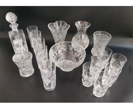 MIXED LOT OF GLASSWAREincluding a cut glass decanter and six matching tumblers, shaped decanter, two vases, centre bowl and s