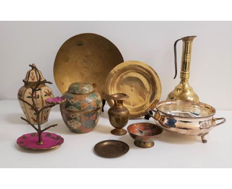 MIXED LOT OF METALWAREincluding a brass jug, two brass dishes, silver plated bowl, two brass and enamel ginger type jars and 