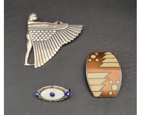 TWO SILVER BROOCHES AND A BUCKLEcomprising a French enamel decorated buckle, an Egyptian style winged figure brooch; and a No