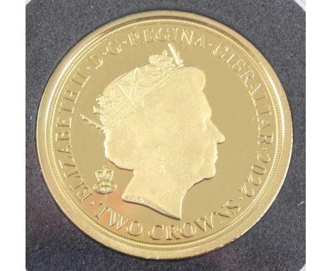 Gibraltar, 2022 Forever Remembered two crowns gold coin, obv: Elizabeth II Raphael Maklouf portrait, rev: Queen seated in Cor